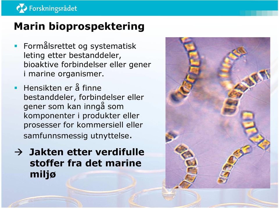 Hensikten er å finne bestanddeler, forbindelser eller gener som kan inngå som