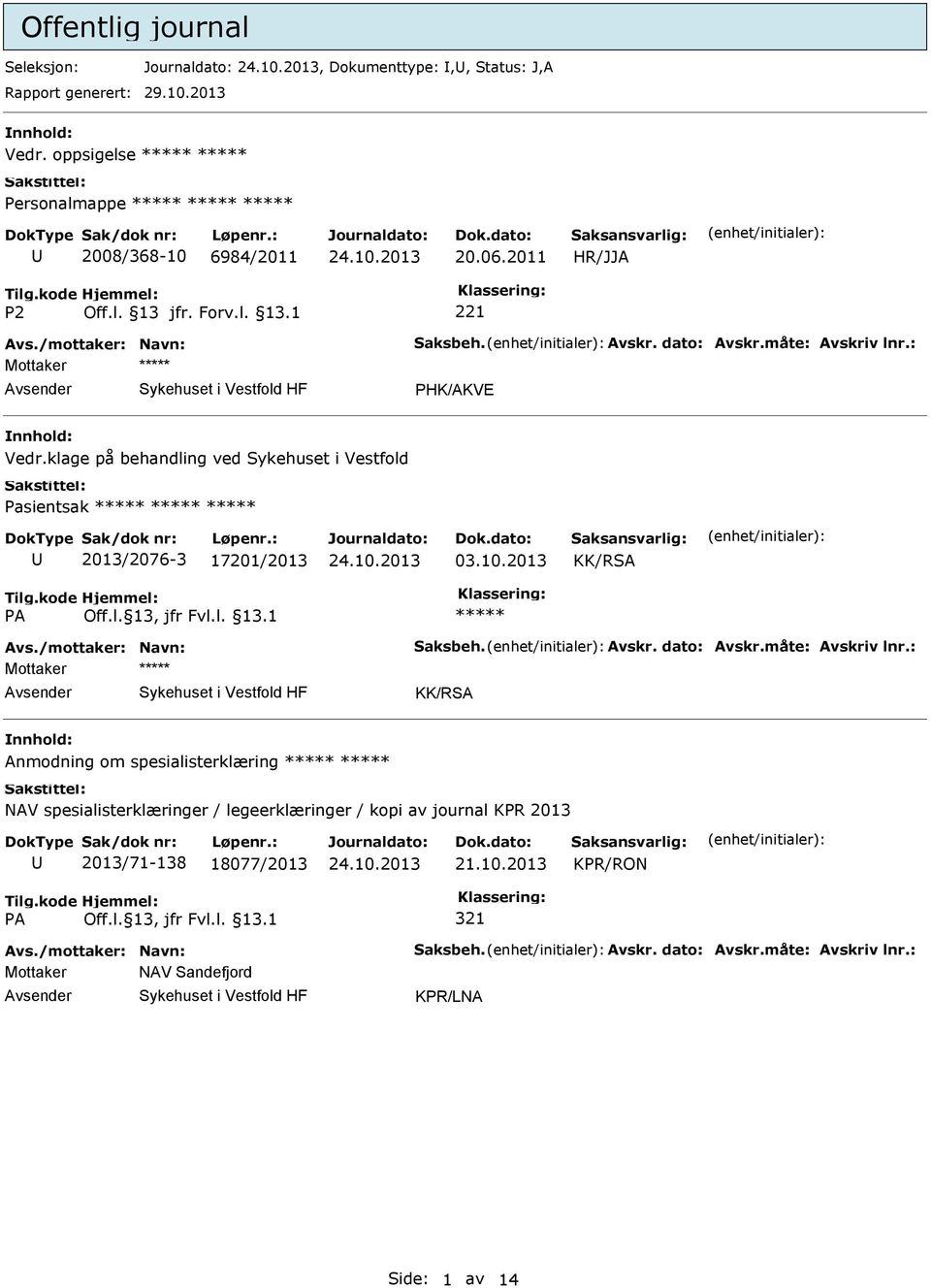 klage på behandling ved Sykehuset i Vestfold Pasientsak 2013/2076-3 17201/2013 03.10.2013 KK/RSA Avs./mottaker: Navn: Saksbeh. Avskr.