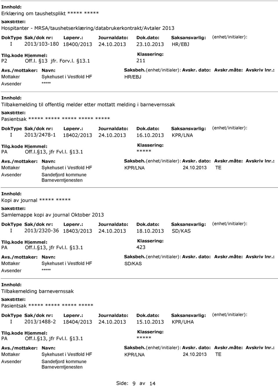 måte: Avskriv lnr.: TE Sandefjord kommune Barneverntjenesten Kopi av journal Samlemappe kopi av journal Oktober 2013 2013/2320-36 18403/2013 18.10.2013 SD/KAS 423 Avs./mottaker: Navn: Saksbeh. Avskr. dato: Avskr.