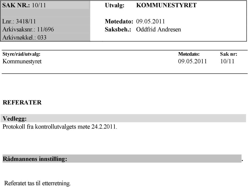 : 033 Styre/råd/utvalg: Møtedato: Sak nr: Kommunestyret 09.05.