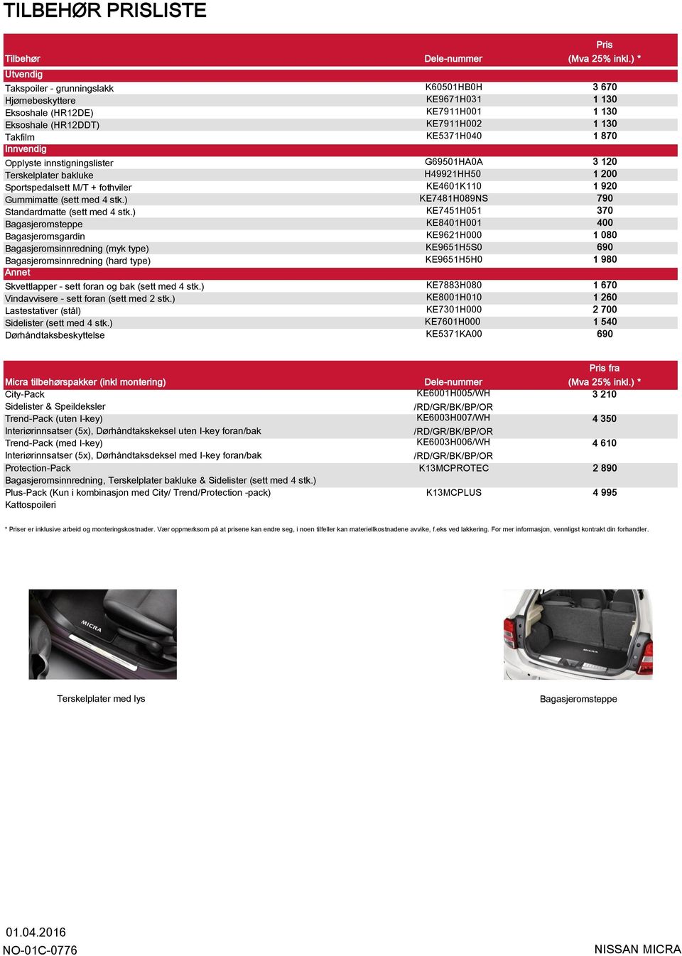 innstigningslister G69501HA0A 3 120 Terskelplater bakluke H49921HH50 1 200 Sportspedalsett M/T + fothviler KE4601K110 1 920 Gummimatte (sett med 4 stk.) KE7481H089NS 790 Standardmatte (sett med 4 stk.