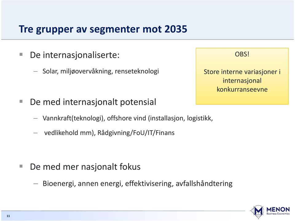 Store interne variasjoner i internasjonal konkurranseevne Vannkraft(teknologi), offshore vind