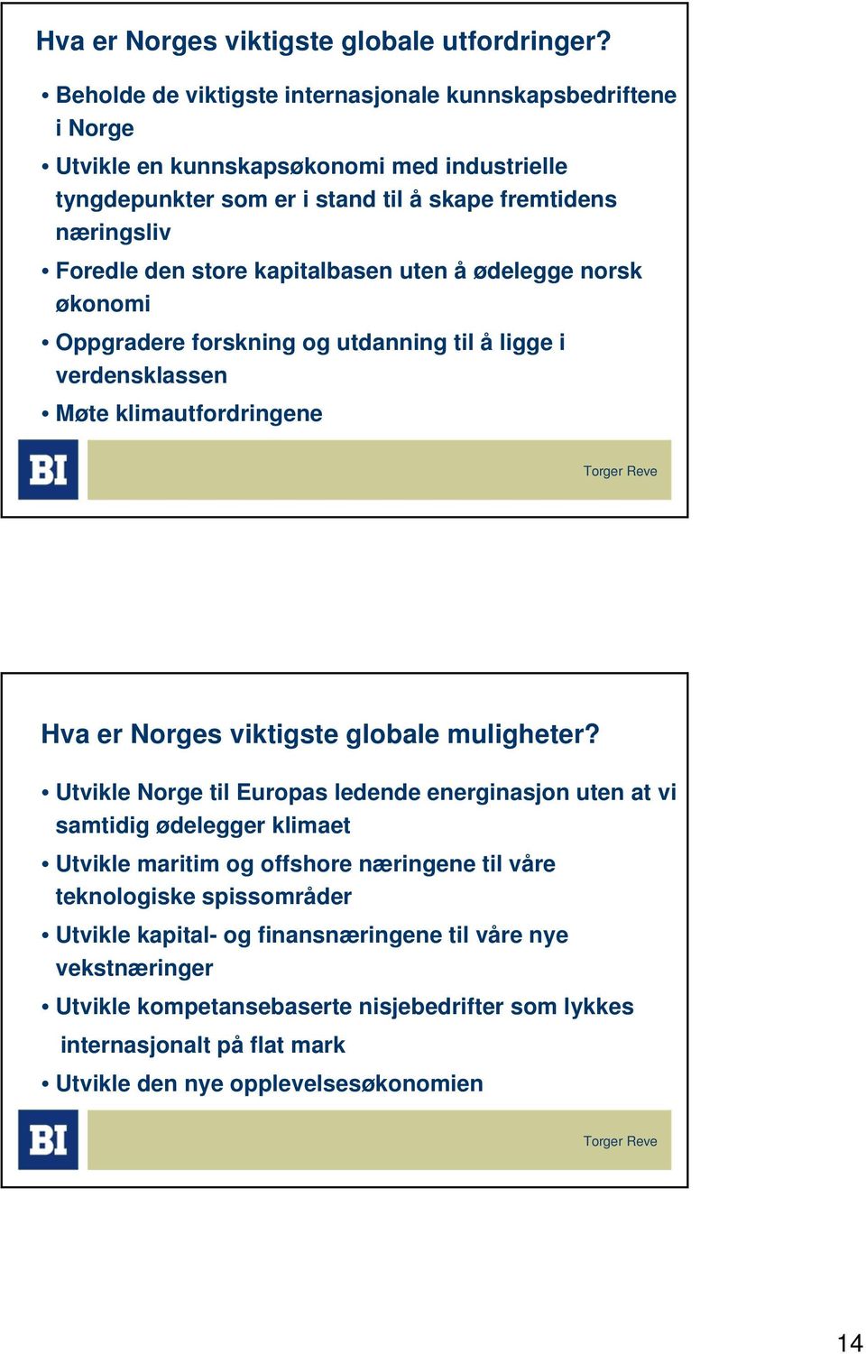 store kapitalbasen uten å ødelegge norsk økonomi Oppgradere forskning og utdanning til å ligge i verdensklassen Møte klimautfordringene Hva er Norges viktigste globale muligheter?