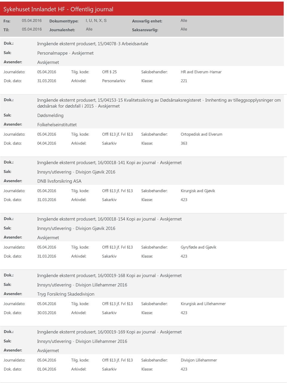 Folkehelseinstituttet Ortopedisk avd Elverum 363 Inngående eksternt produsert, 16/00018-141 Kopi av journal - Innsyn/utlevering - Divisjon Gjøvik 2016 DNB livsforsikring ASA Kirurgisk avd Gjøvik Dok.