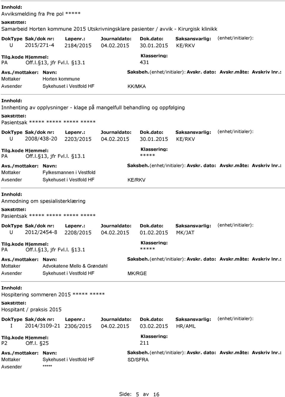 måte: Avskriv lnr.: Mottaker Fylkesmannen i Vestfold KE/RKV Anmodning om spesialisterklæring Pasientsak 2012/2454-8 2208/2015 01.02.2015 MK/JAT Avs./mottaker: Navn: Saksbeh. Avskr. dato: Avskr.