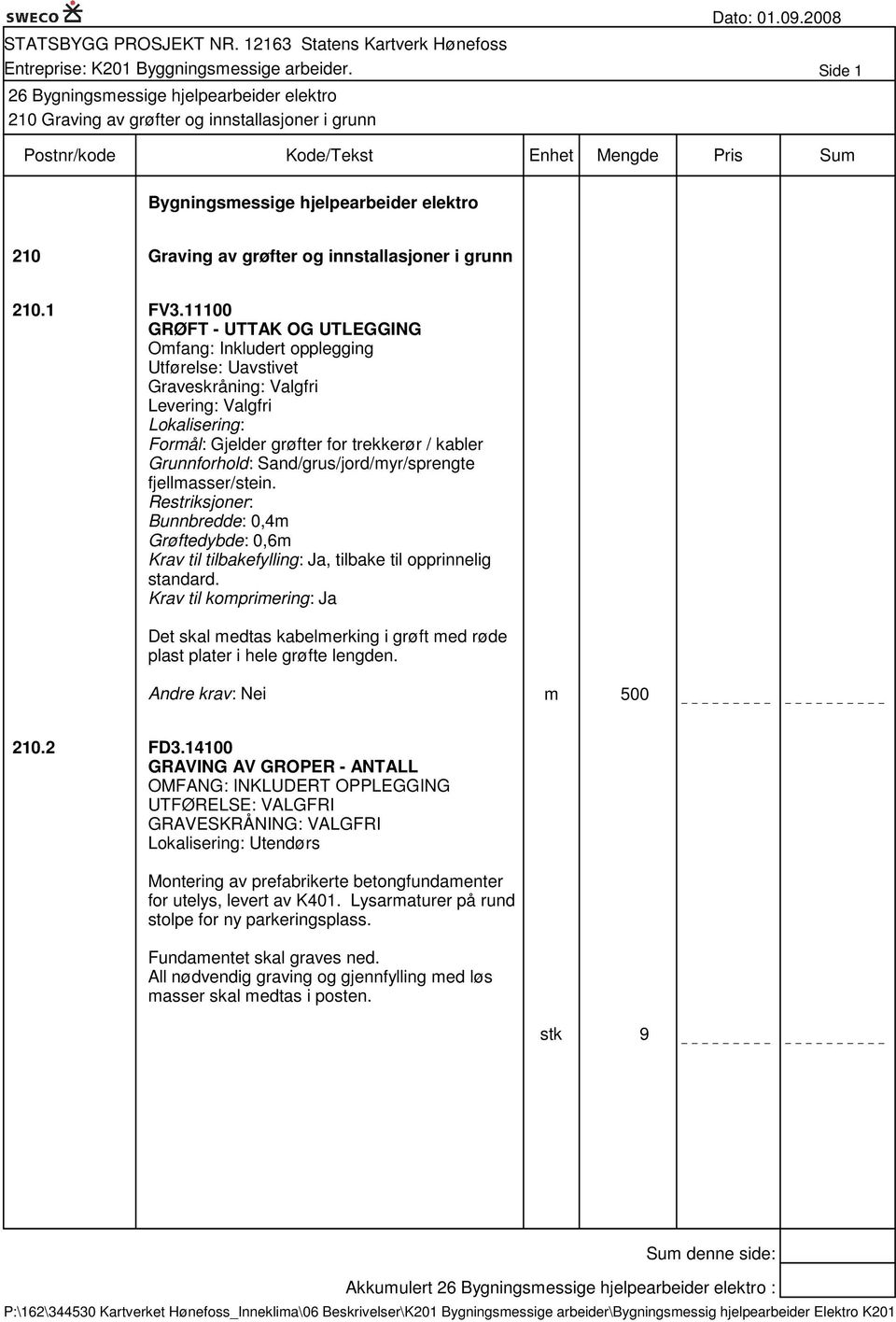 Sand/grus/jord/myr/sprengte fjellmasser/stein. Restriksjoner: Bunnbredde: 0,4m Grøftedybde: 0,6m Krav til tilbakefylling: Ja, tilbake til opprinnelig standard.