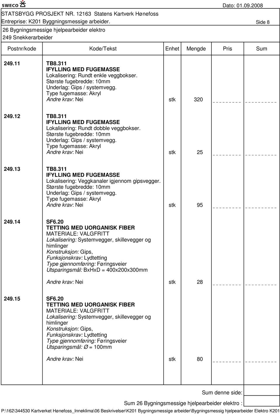 311 IFYLLING MED FUGEMASSE Lokalisering: Veggkanaler igjennom gipsvegger. Største fugebredde: 10mm Underlag: Gips / systemvegg. Type fugemasse: Akryl stk 95 249.14 SF6.