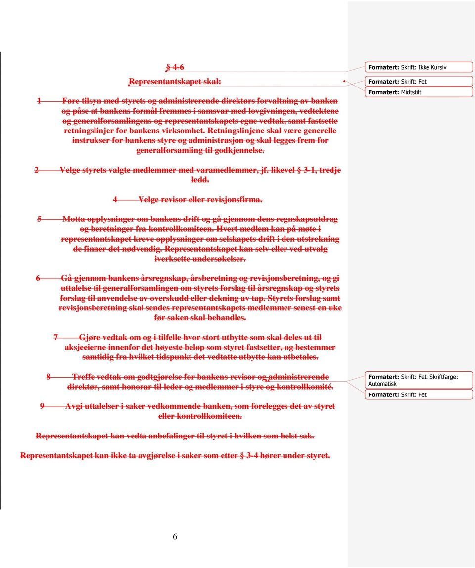 Retningslinjene skal være generelle instrukser for bankens styre og administrasjon og skal legges frem for generalforsamling til godkjennelse. 2 Velge styrets valgte medlemmer med varamedlemmer, jf.