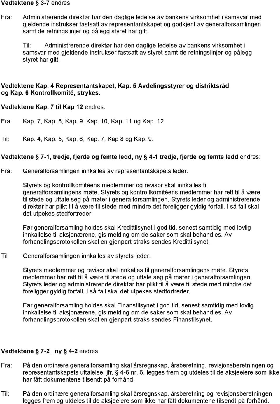 Til: Administrerende direktør har den daglige ledelse av bankens virksomhet i samsvar med gjeldende instrukser fastsatt av styret samt  Vedtektene Kap. 4 Representantskapet, Kap.