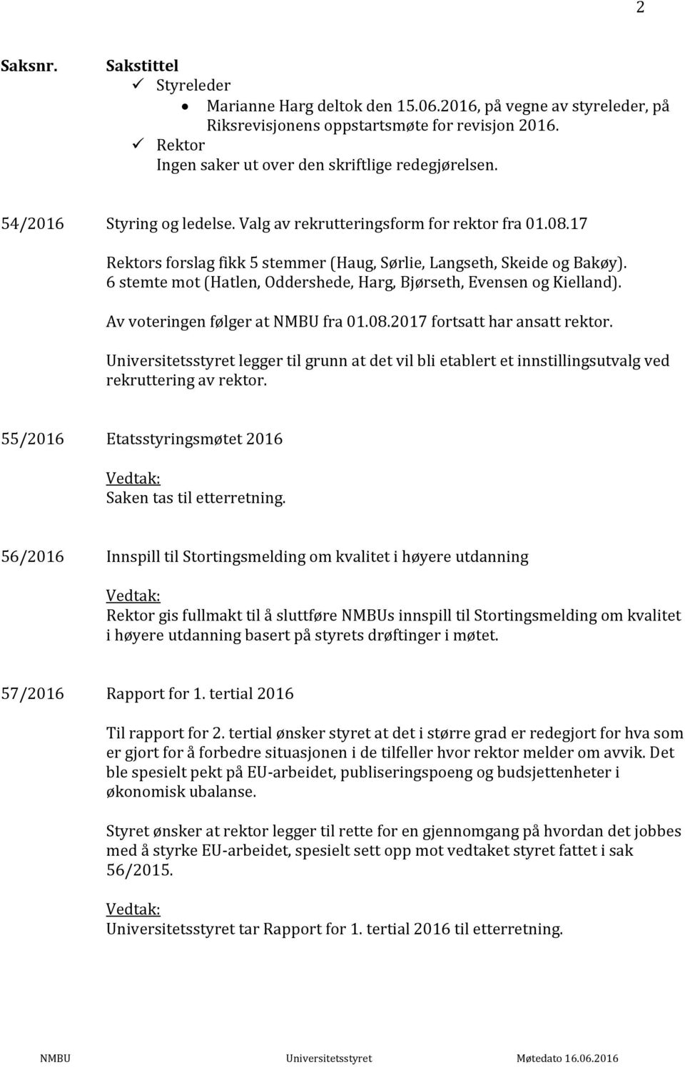 6 stemte mot (Hatlen, Oddershede, Harg, Bjørseth, Evensen og Kielland). Av voteringen følger at NMBU fra 01.08.2017 fortsatt har ansatt rektor.