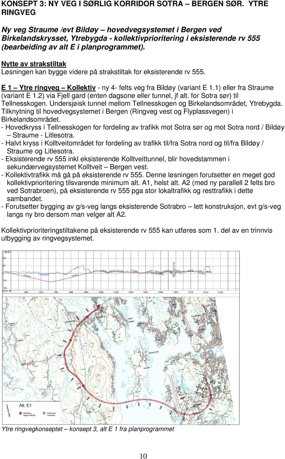 Nytte av strakstiltak Løsningen kan bygge videre på strakstiltak for eksisterende rv 555. E 1 Ytre ringveg Kollektiv - ny 4- felts veg fra Bildøy (variant E 1.1) eller fra Straume (variant E 1.