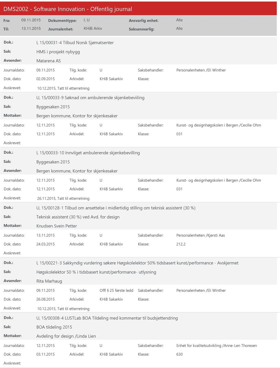 2015 Arkivdel: KHiB Sakarkiv Klasse: 031 I, 15/00033-10 Innvilget ambulerende skjenkebevilling Byggesaken 2015 Bergen kommune, Kontor for skjenkesaker Kunst- og designhøgskolen i Bergen /Cecilie Ohm