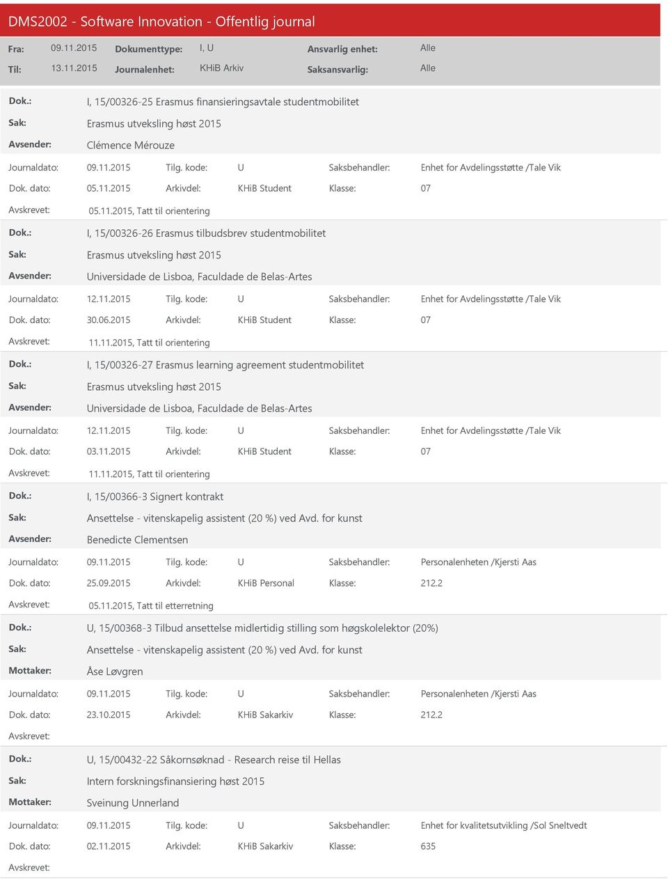 2015, Tatt til orientering I, 15/00326-26 Erasmus tilbudsbrev studentmobilitet Erasmus utveksling høst 2015 niversidade de Lisboa, Faculdade de Belas-Artes Enhet for Avdelingsstøtte /Tale Vik Dok.