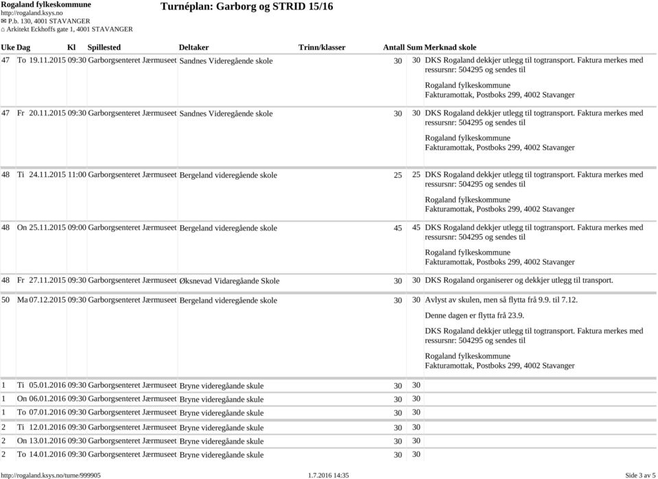 Faktura merkes med 48 Fr 27.11.2015 09:30 Garborgsenteret Jærmuseet Øksnevad Vidaregåande Skole 30 30 DKS Rogaland organiserer og dekkjer utlegg til transport. 50 Ma 07.12.