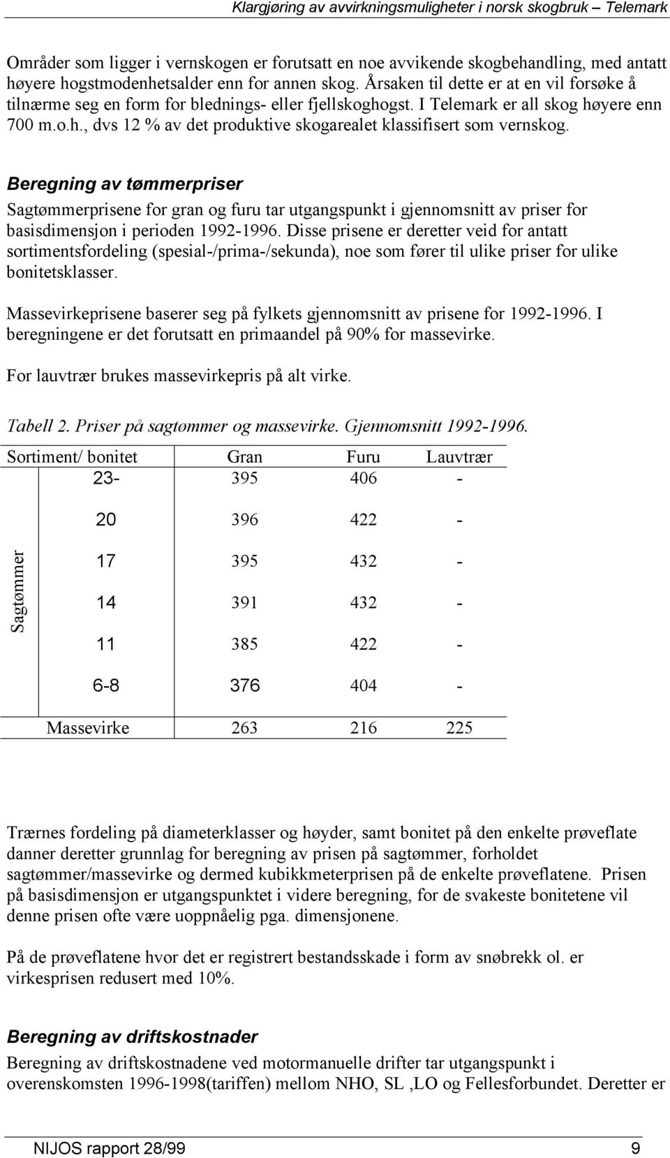 Beregning av tømmerpriser Sagtømmerprisene for gran og furu tar utgangspunkt i gjennomsnitt av priser for basisdimensjon i perioden 1992-1996.