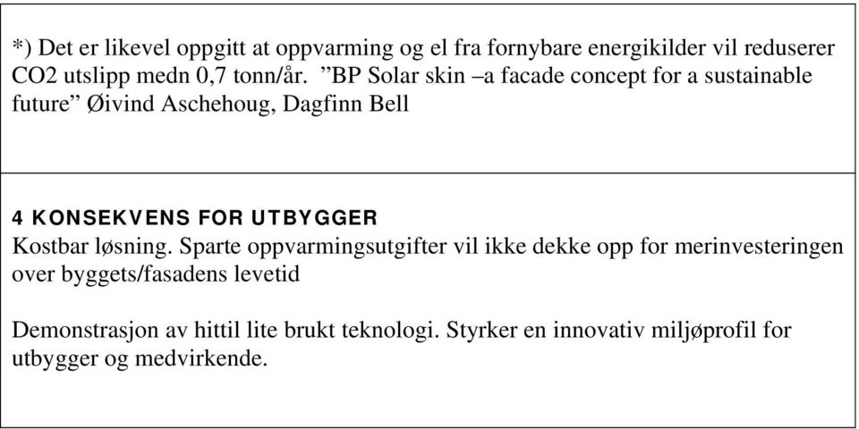 BP Solar skin a facade concept for a sustainable future Øivind Aschehoug, Dagfinn Bell 4 KONSEKVENS FOR UTBYGGER