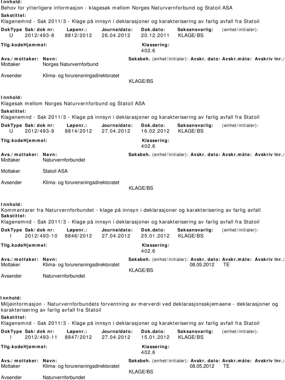 2012 Mottaker Statoil ASA Kommentarer fra Naturvernforbundet - klage på innsyn i deklarasjoner og karakterisering av farlig avfall I 2012/493-10 8846/2012 27.04.2012 25.01.2012 Mottaker 08.