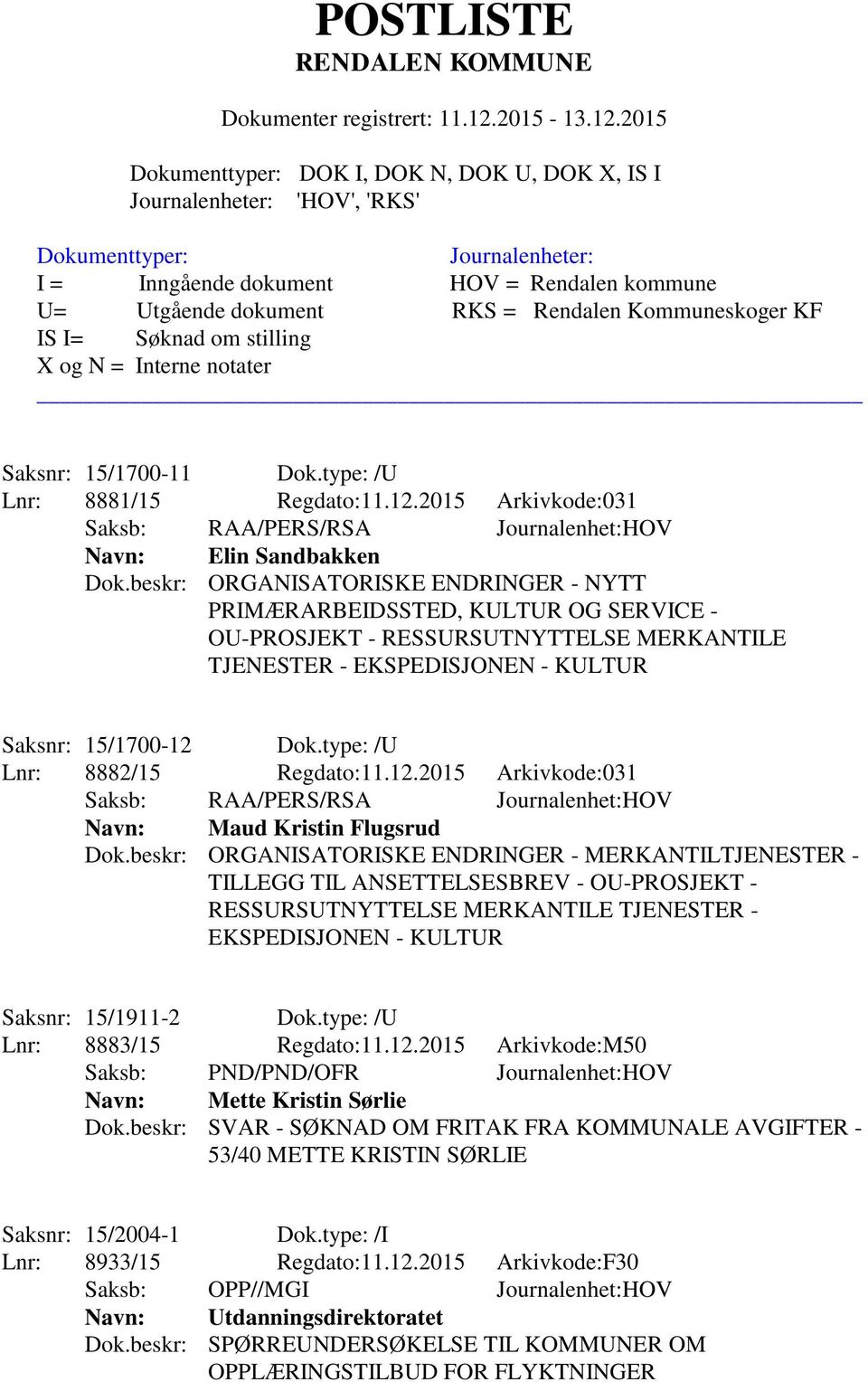 beskr: ORGANISATORISKE ENDRINGER - MERKANTILTJENESTER - TILLEGG TIL ANSETTELSESBREV - OU-PROSJEKT - RESSURSUTNYTTELSE MERKANTILE TJENESTER - EKSPEDISJONEN - KULTUR Saksnr: 15/1911-2 Dok.