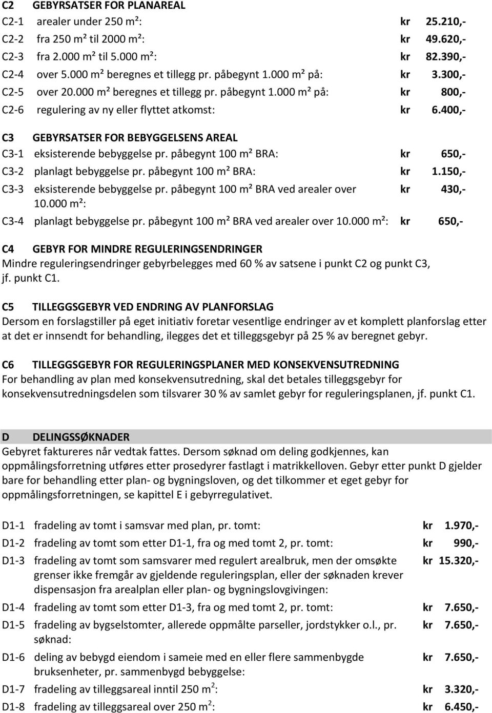 400, C3 GEBYRSATSER FOR BEBYGGELSENS AREAL C3 1 eksisterende bebyggelse pr. påbegynt 100 m² BRA: kr 650, C3 2 planlagt bebyggelse pr. påbegynt 100 m² BRA: kr 1.150, C3 3 eksisterende bebyggelse pr.