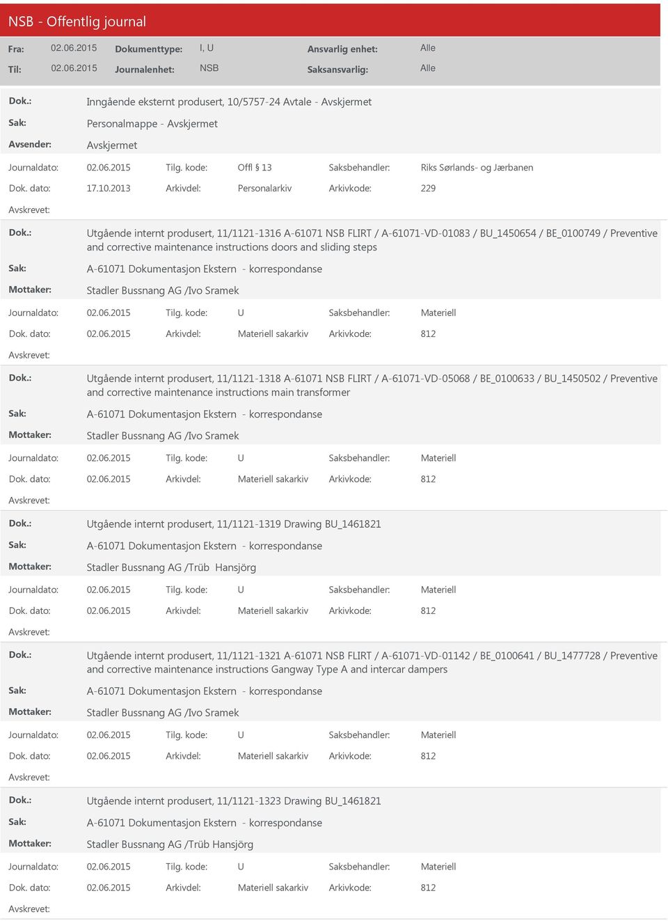 2013 Arkivdel: Personalarkiv Arkivkode: 229 tgående internt produsert, 11/1121-1316 A-61071 FLIRT / A-61071-VD-01083 / B_1450654 / BE_0100749 / Preventive and corrective maintenance instructions