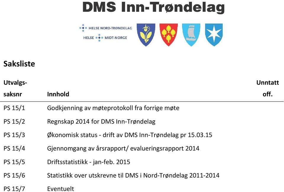 PS 15/3 Økonomisk status - drift av DMS Inn-Trøndelag pr 15.03.