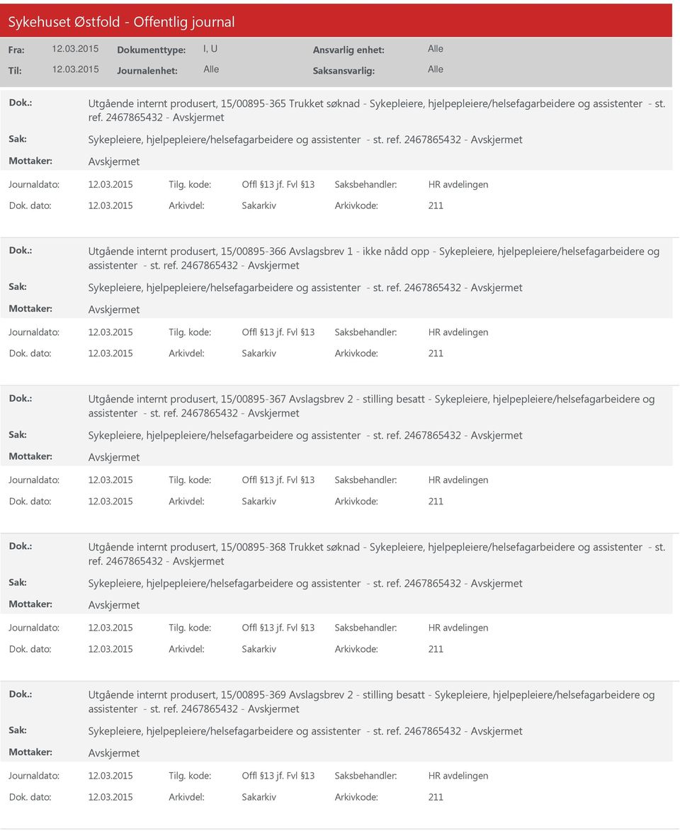 2467865432 - Utgående internt produsert, 15/00895-366 Avslagsbrev 1 - ikke nådd opp - Sykepleiere, hjelpepleiere/helsefagarbeidere og assistenter - st. ref.