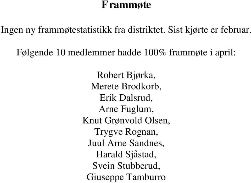 Følgende 10 medlemmer hadde 100% frammøte i april: Robert Bjørka, Merete