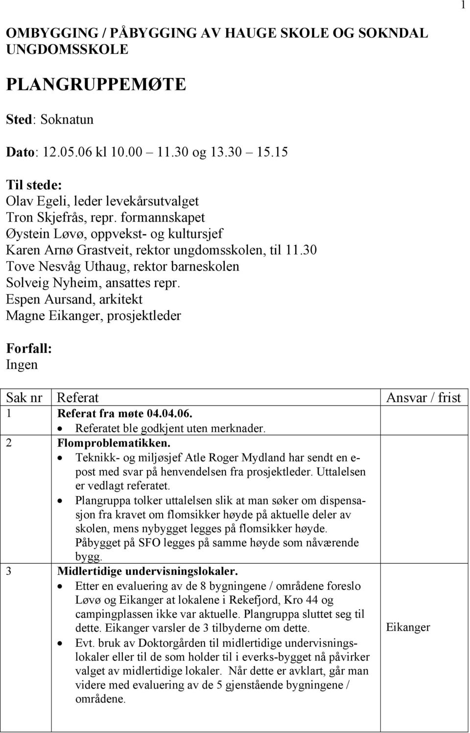 30 Tove Nesvåg Uthaug, rektor barneskolen Solveig Nyheim, ansattes repr. Espen, arkitekt Magne, prosjektleder Forfall: Ingen Sak nr Referat Ansvar / frist 1 Referat fra møte 04.04.06.