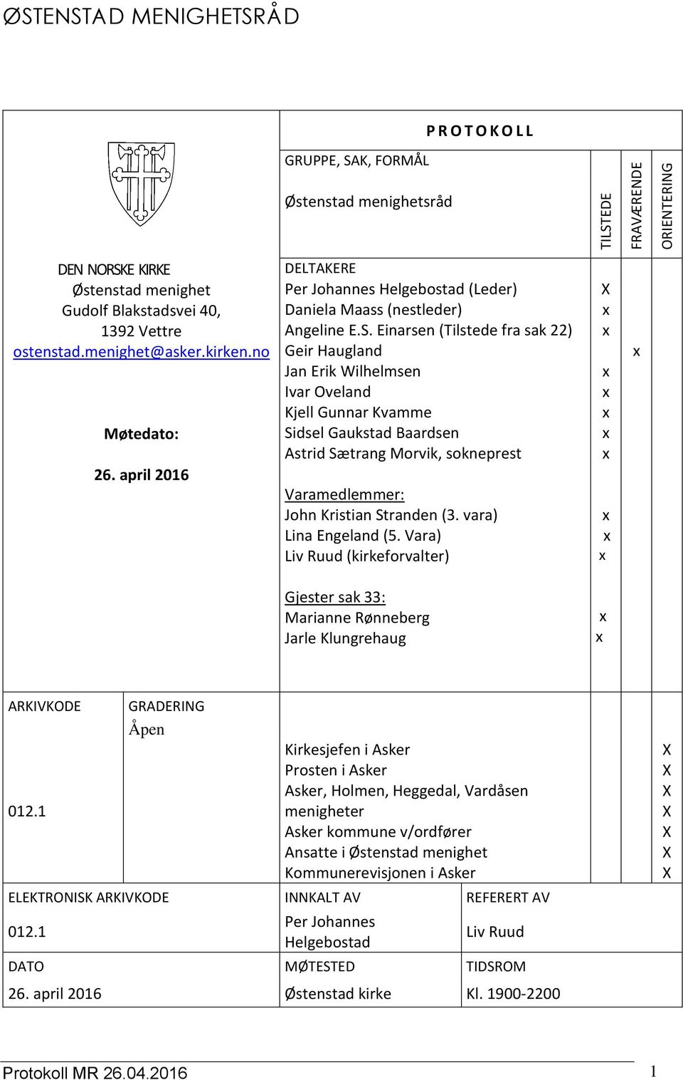 Einarsen (Tilstede fra sak 22) Geir Haugland Jan Erik Wilhelmsen Ivar Oveland Kjell Gunnar Kvamme Sidsel Gaukstad Baardsen Astrid Sætrang Morvik, sokneprest Varamedlemmer: John Kristian Stranden (3.