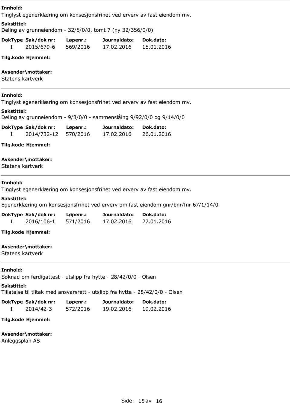 15.01.2016 nnhold: Deling av grunneiendom - 9/3/0/0 - sammenslåing 9/92/0/0 og 9/14/0/0 2014/732-12 570/2016 26.01.2016 nnhold: Egenerklæring om konsesjonsfrihet ved erverv om fast eiendom gnr/bnr/fnr 67/1/14/0 2016/106-1 571/2016 27.