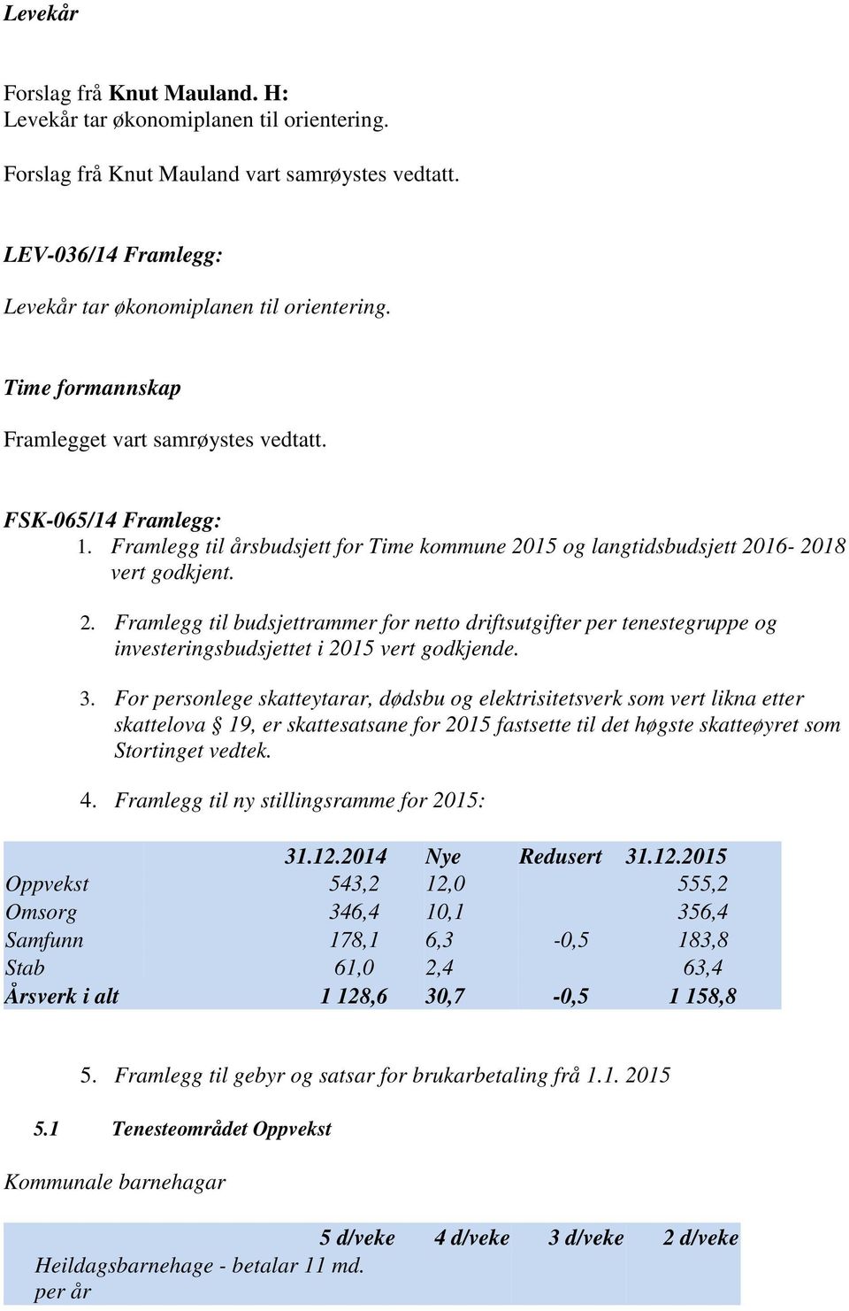 15 og langtidsbudsjett 2016-2018 vert godkjent. 2. Framlegg til budsjettrammer for netto driftsutgifter per tenestegruppe og investeringsbudsjettet i 2015 vert godkjende. 3.