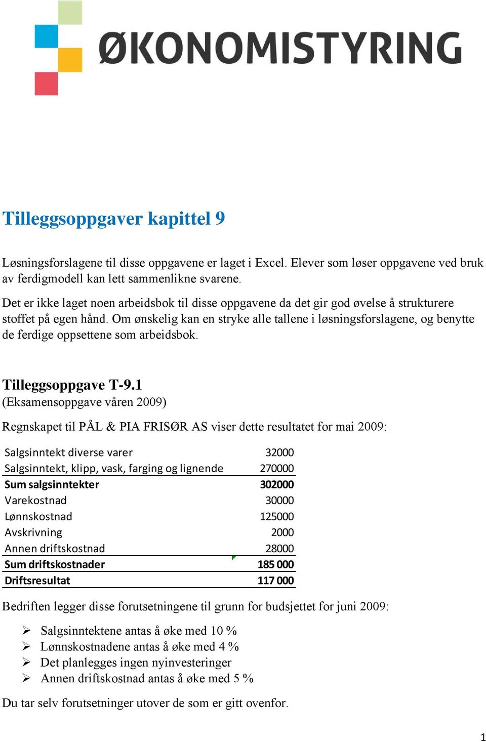 Om ønskelig kan en stryke alle tallene i løsningsforslagene, og benytte de ferdige oppsettene som arbeidsbok. Tilleggsoppgave T-9.