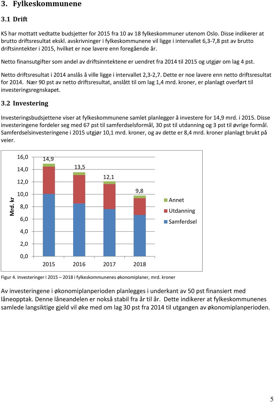 Netto finansutgifter som andel av driftsinntektene er uendret fra 2014 til 2015 og utgjør om lag 4 pst. Netto driftsresultat i 2014 anslås å ville ligge i intervallet 2,3-2,7.