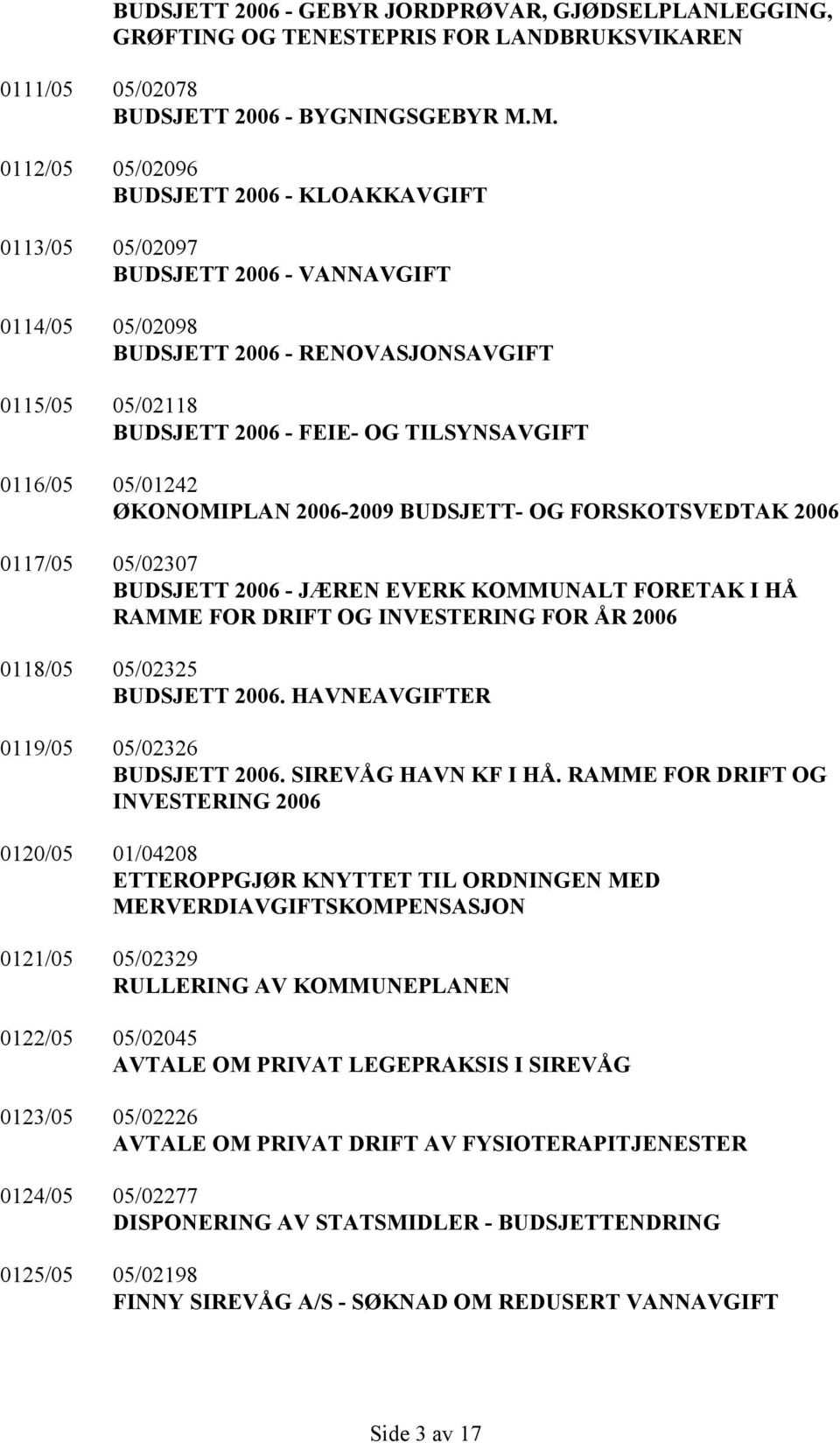 0116/05 05/01242 ØKONOMIPLAN 2006-2009 BUDSJETT- OG FORSKOTSVEDTAK 2006 0117/05 05/02307 BUDSJETT 2006 - JÆREN EVERK KOMMUNALT FORETAK I HÅ RAMME FOR DRIFT OG INVESTERING FOR ÅR 2006 0118/05 05/02325