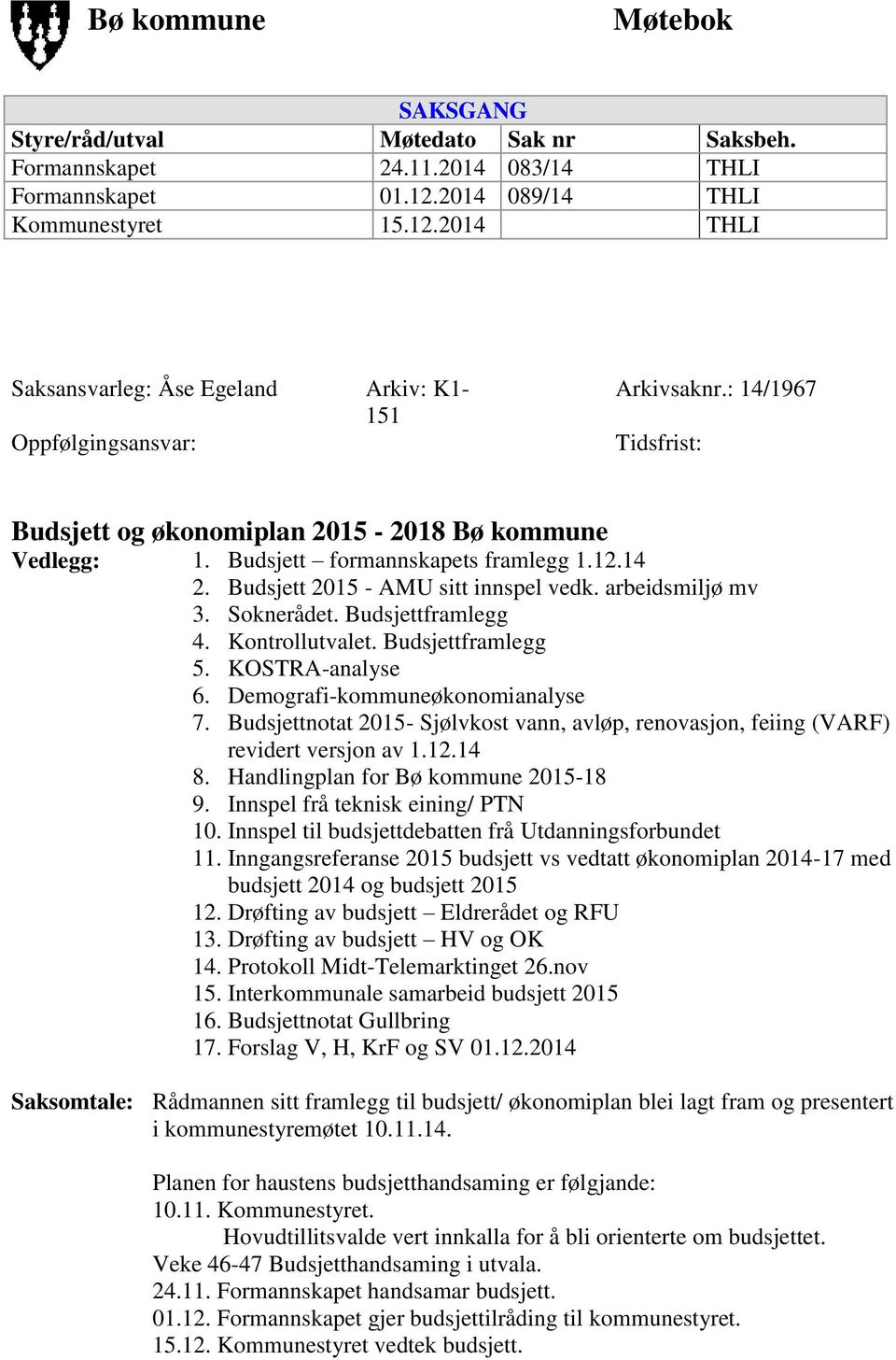 Budsjett formannskapets framlegg 1.12.14 2. Budsjett 2015 - AMU sitt innspel vedk. arbeidsmiljø mv 3. Soknerådet. Budsjettframlegg 4. Kontrollutvalet. Budsjettframlegg 5. KOSTRA-analyse 6.