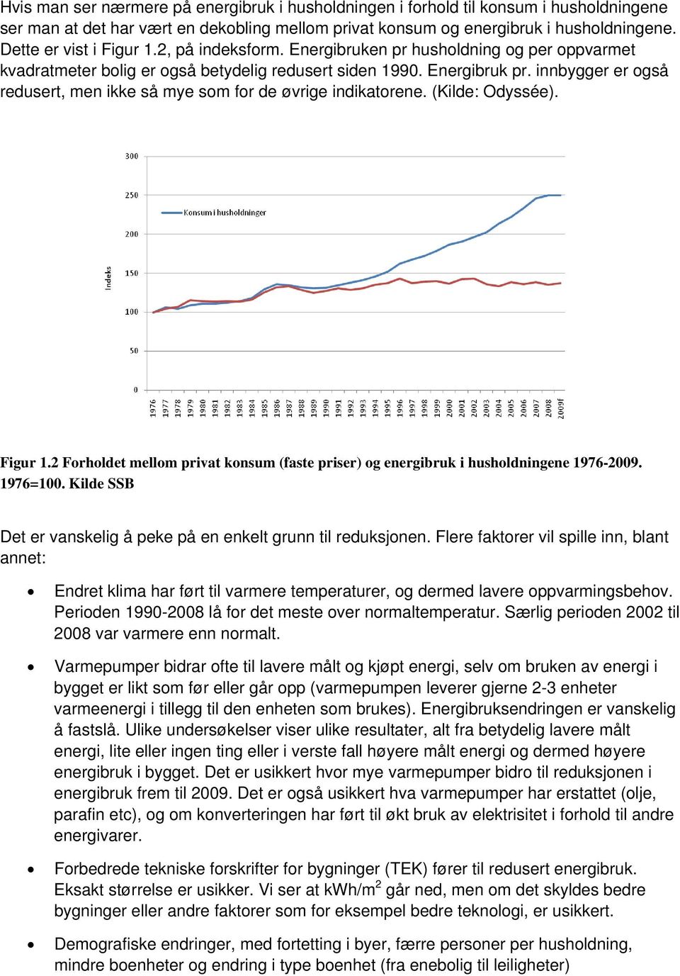innbygger er også redusert, men ikke så mye som for de øvrige indikatorene. (Kilde: Odyssée). Figur 1.2 Forholdet mellom privat konsum (faste priser) og energibruk i husholdningene 1976-2009.