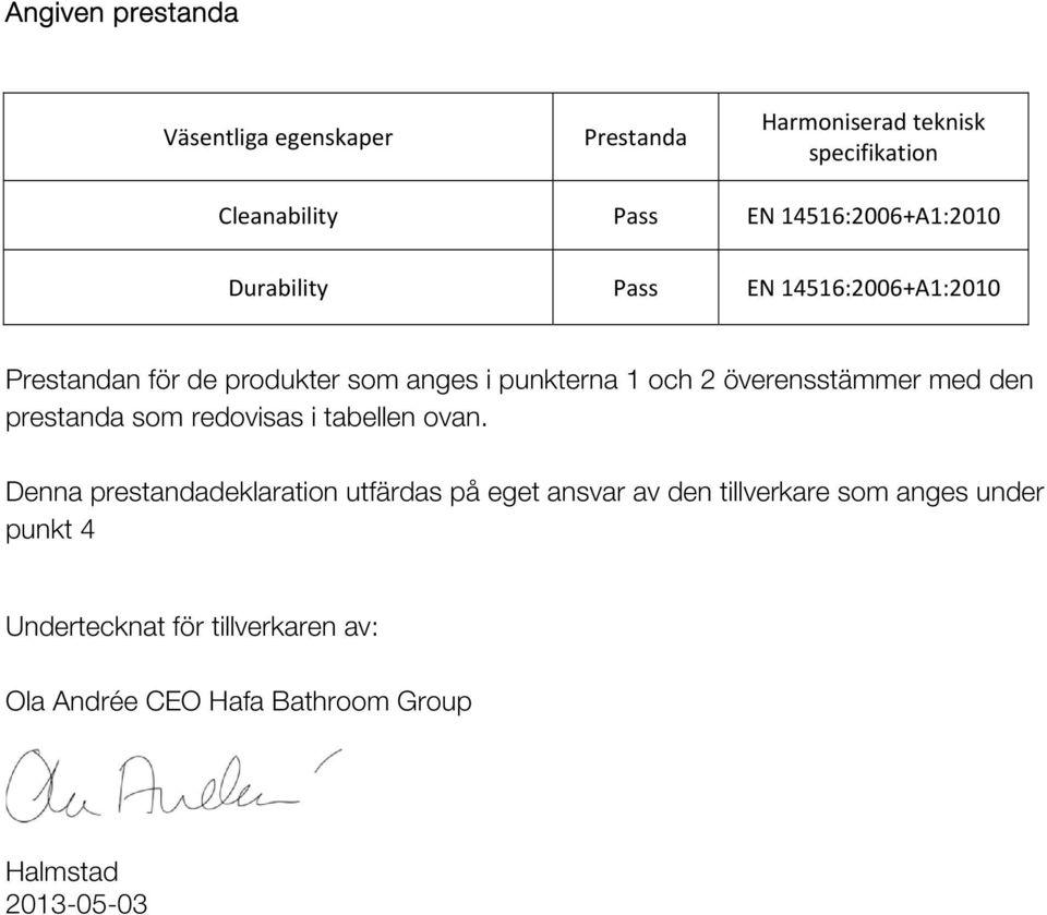 överensstämmer med den prestanda som redovisas i tabellen ovan.