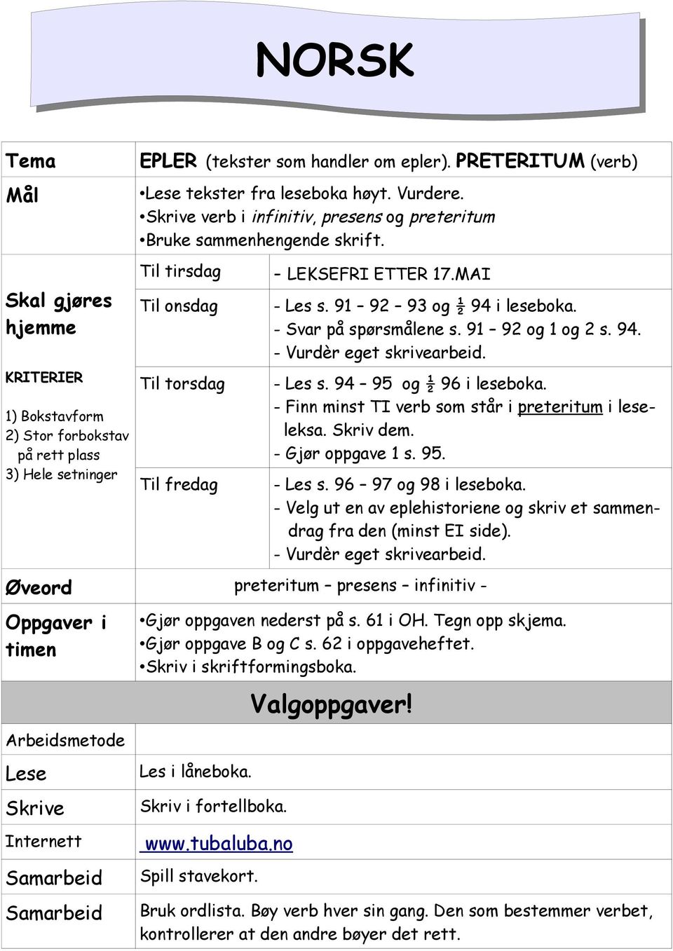 - Svar på spørsmålene s. 91 92 og 1 og 2 s. 94. - Vurdèr eget skrivearbeid. - Les s. 94 95 og ½ 96 i leseboka. - Finn minst TI verb som står i preteritum i leseleksa. Skriv dem. - Gjør oppgave 1 s.