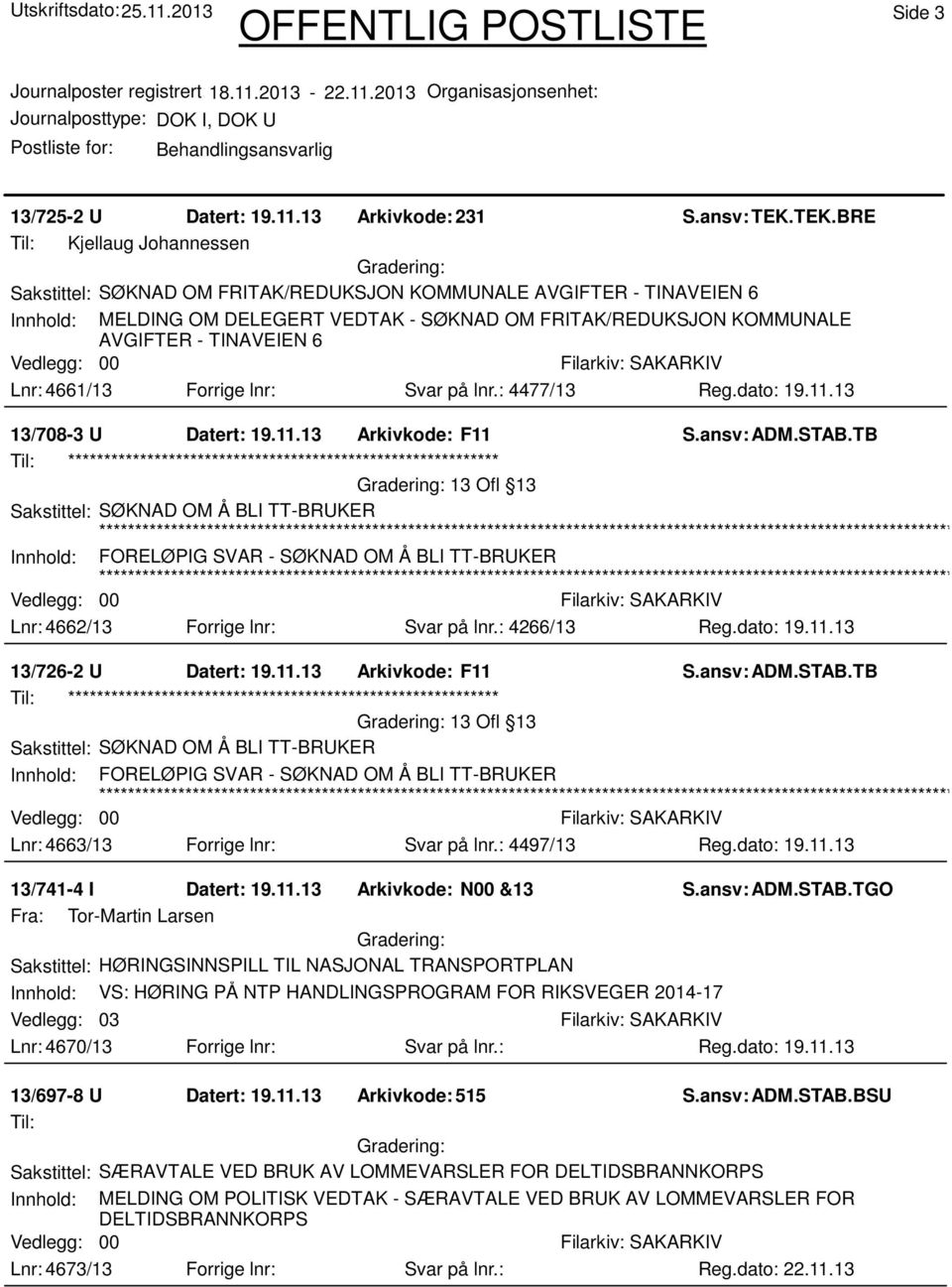 Lnr: 4661/13 Forrige lnr: Svar på lnr.: 4477/13 Reg.dato: 19.11.13 13/708-3 U Datert: 19.11.13 Arkivkode: F11 S.ansv: ADM.STAB.