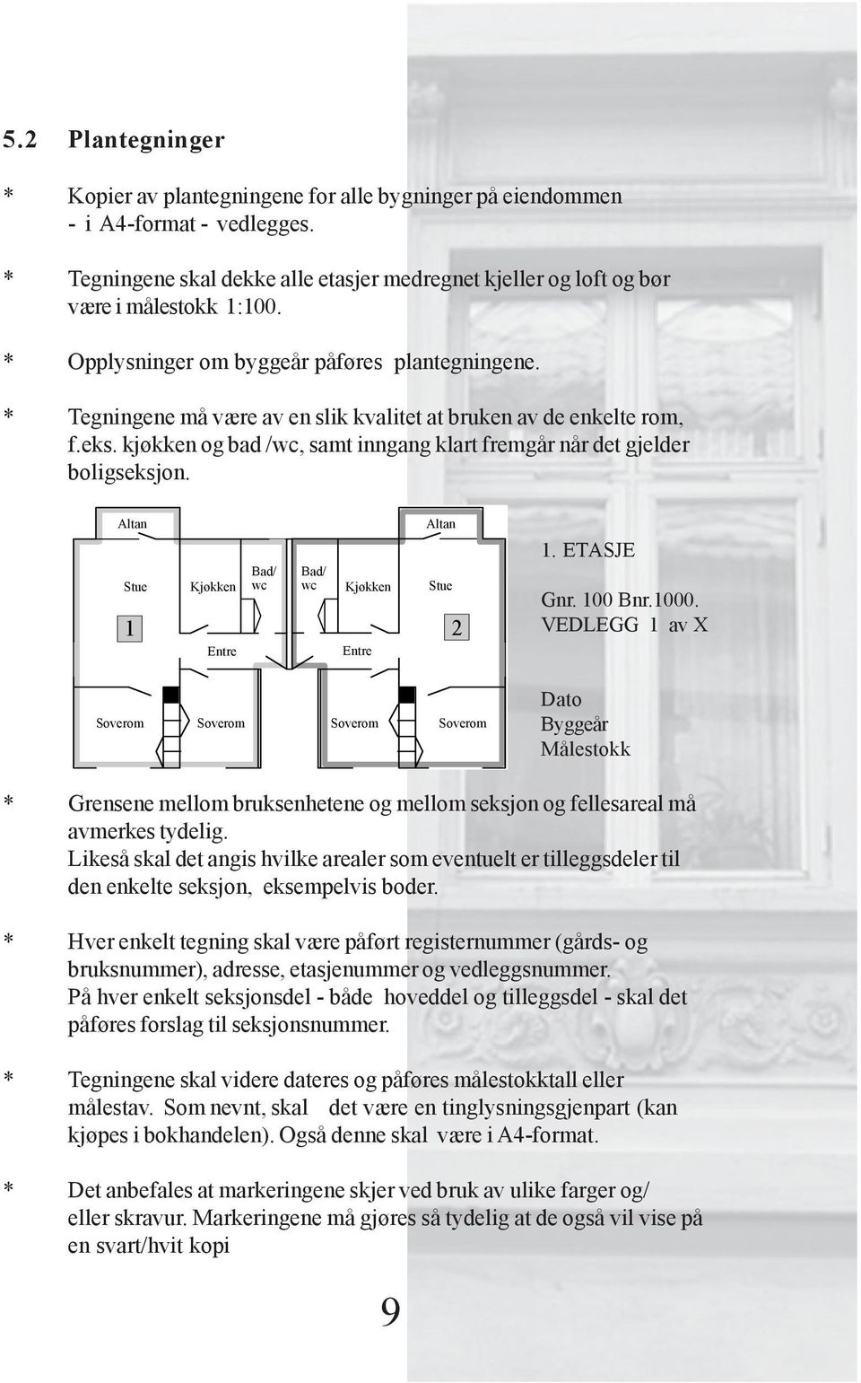 kjøkken og bad /wc, samt inngang klart fremgår når det gjelder boligseksjon. Altan Stue Kjøkken Entre Bad/ wc Bad/ wc Kjøkken Entre Altan Stue 1 2 1. ETASJE Gnr. 100 Bnr.1000.