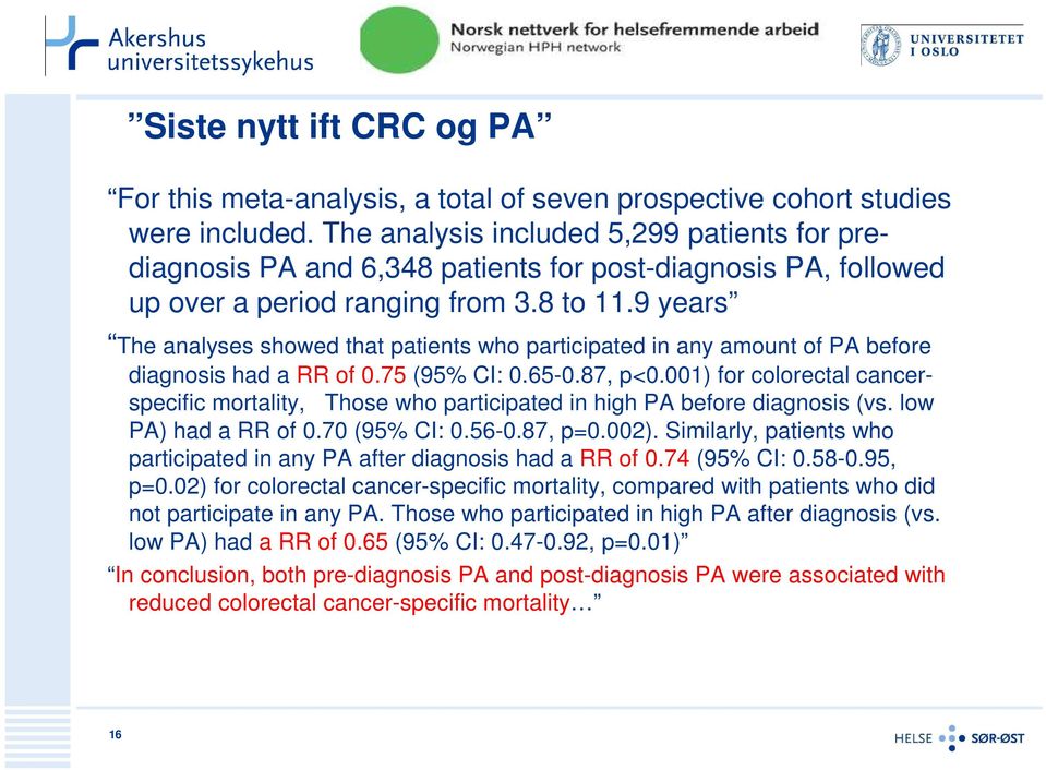 9 years The analyses showed that patients who participated in any amount of PA before diagnosis had a RR of 0.75 (95% CI: 0.65-0.87, p<0.