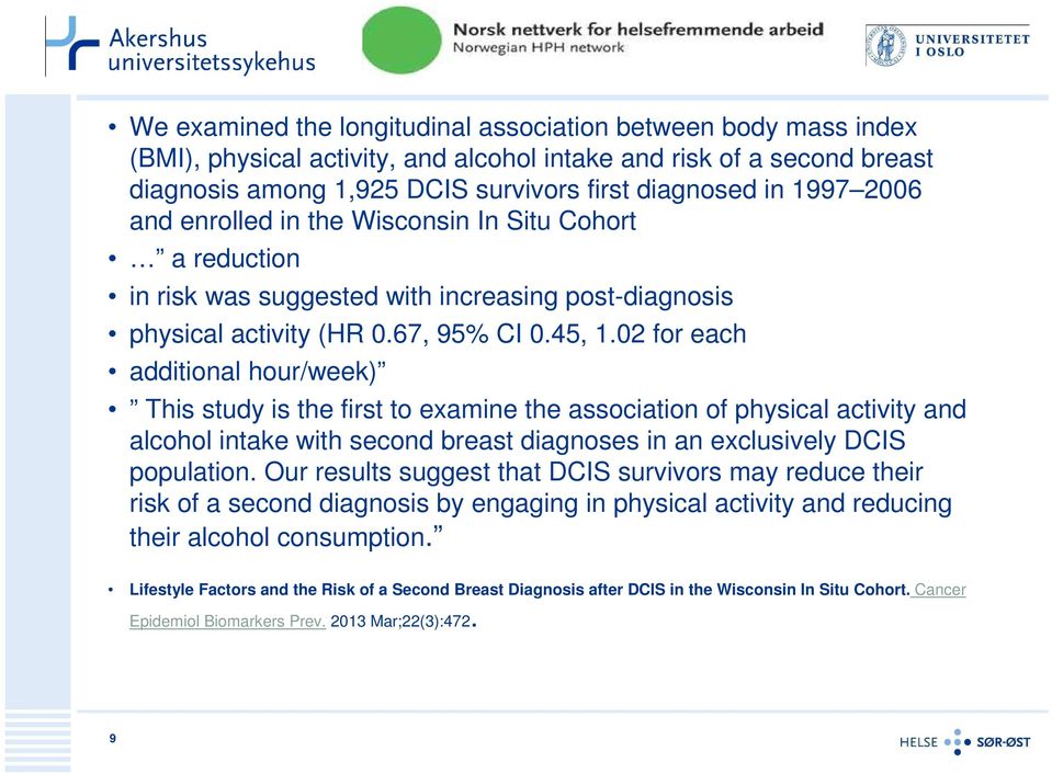 02 for each additional hour/week) This study is the first to examine the association of physical activity and alcohol intake with second breast diagnoses in an exclusively DCIS population.