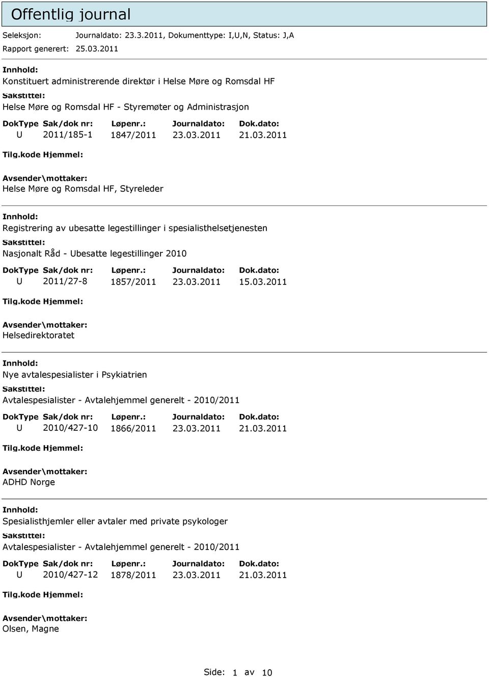 Styreleder Registrering av ubesatte legestillinger i spesialisthelsetjenesten Nasjonalt Råd - besatte legestillinger 2010 2011/27-8 1857/2011 Helsedirektoratet Nye