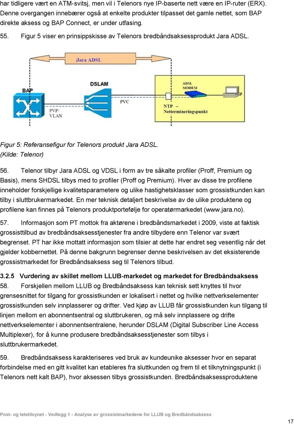 Figur 5 viser en prinsippskisse av Telenors bredbåndsaksessprodukt Jara ADSL. Figur 5: Referansefigur for Telenors produkt Jara ADSL. (Kilde: Telenor) 56.