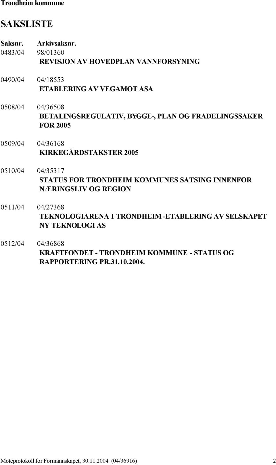 BYGGE-, PLAN OG FRADELINGSSAKER FOR 2005 0509/04 04/36168 KIRKEGÅRDSTAKSTER 2005 0510/04 04/35317 STATUS FOR TRONDHEIM KOMMUNES SATSING