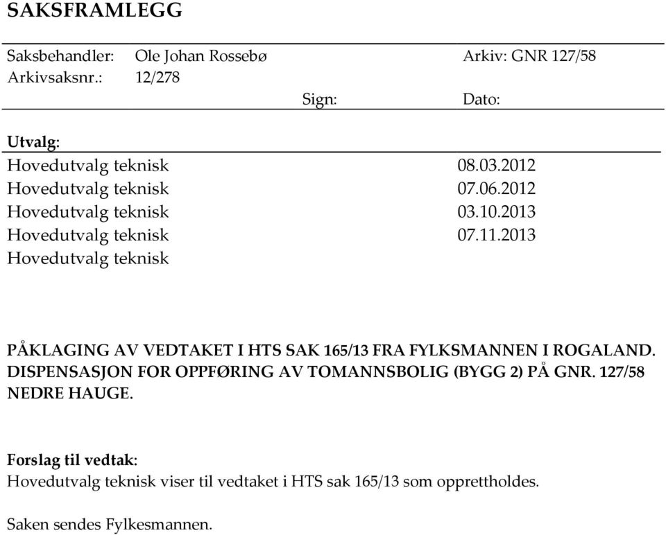 2013 Hovedutvalg teknisk PÅKLAGING AV VEDTAKET I HTS SAK 165/13 FRA FYLKSMANNEN I ROGALAND.