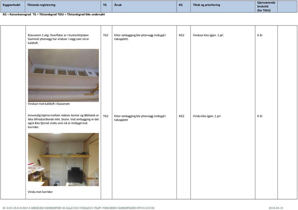 pri Vinduer mot kaldloft i klasserom Innvendig hjørne mellom rektors kontor og Bibliotek er ikke tilfredsstillende mht.