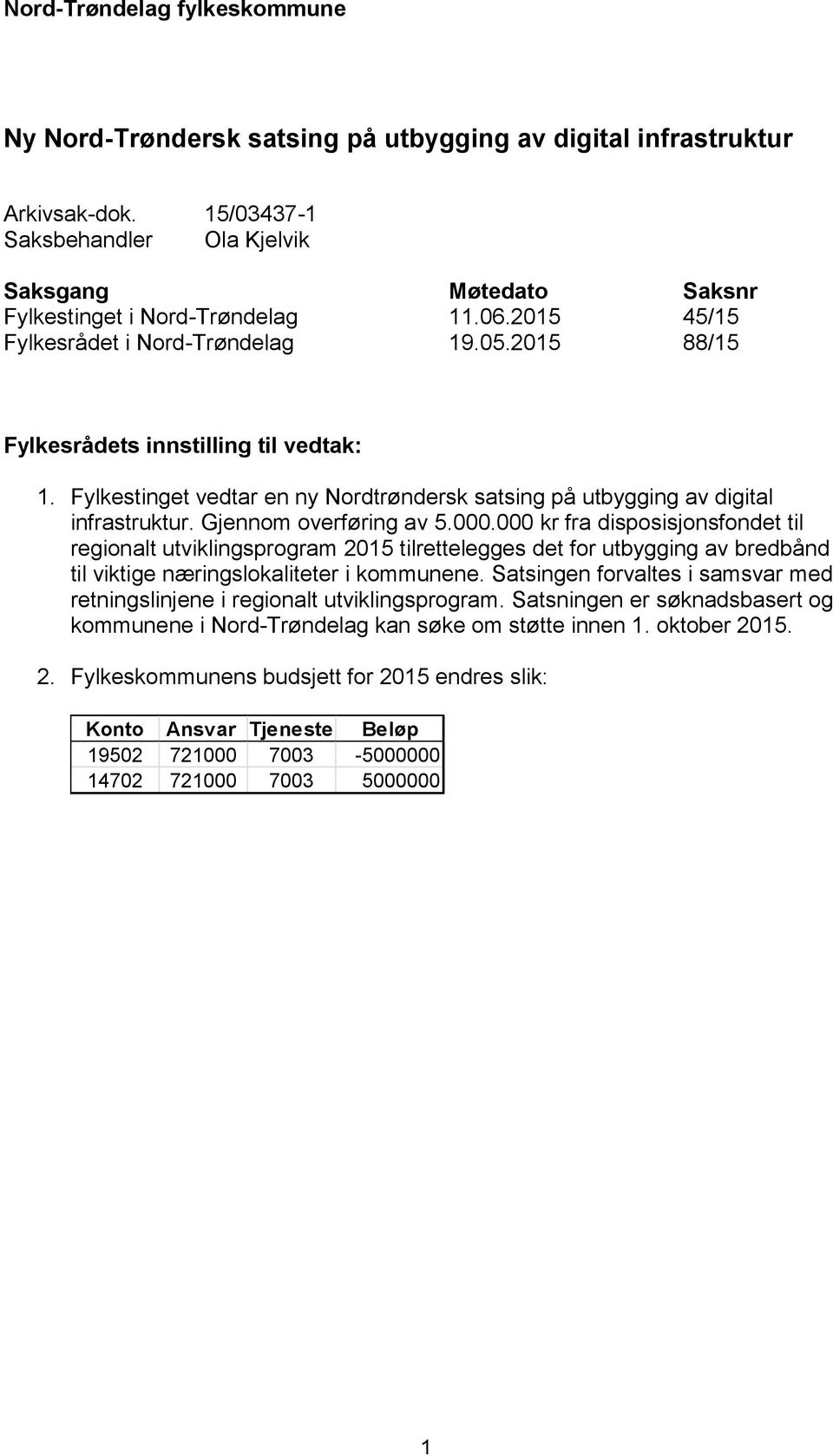 Gjennom overføring av 5.000.000 kr fra disposisjonsfondet til regionalt utviklingsprogram 2015 tilrettelegges det for utbygging av bredbånd til viktige næringslokaliteter i kommunene.