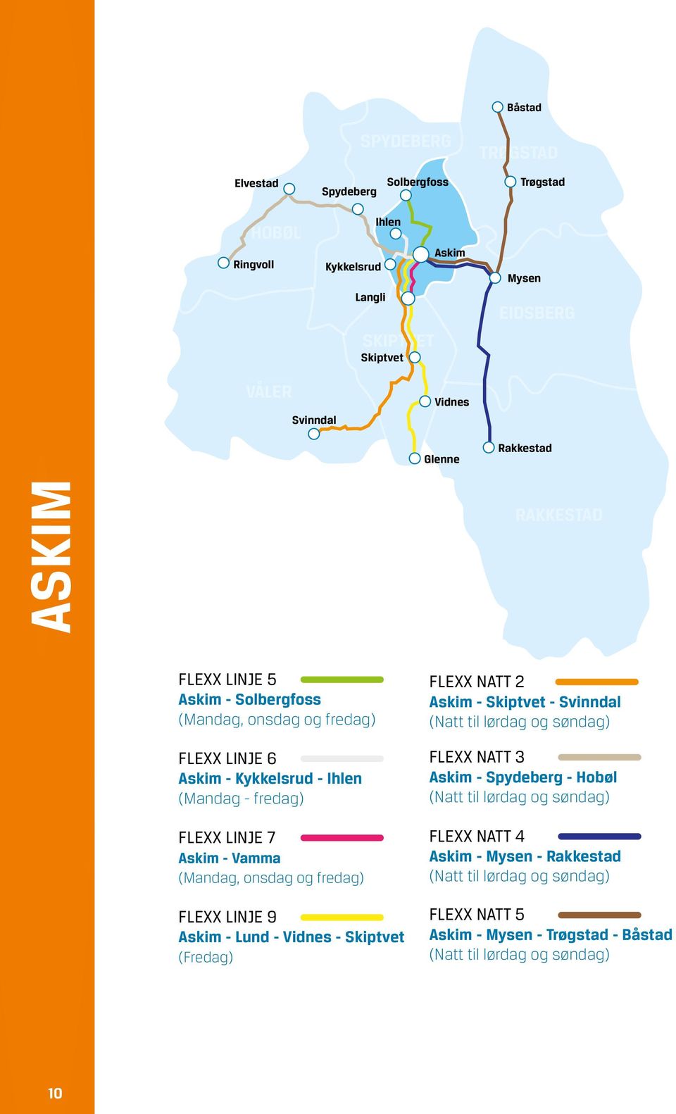 (Mandag, onsdag og fredag) FLEXX LINJE 9 Askim - Lund - Vidnes - Skiptvet (Fredag) FLEXX NATT 2 Askim - Skiptvet - Svinndal (Natt til lørdag og søndag) FLEXX NATT 3 Askim -