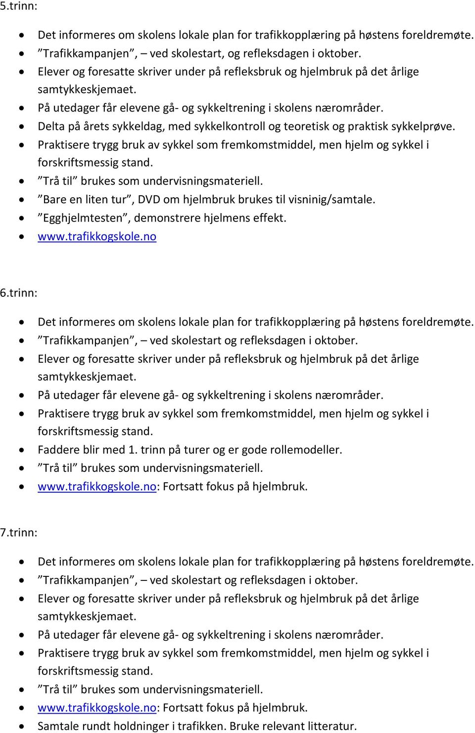 Praktisere trygg bruk av sykkel som fremkomstmiddel, men hjelm og sykkel i forskriftsmessig stand. Trå til brukes som undervisningsmateriell.